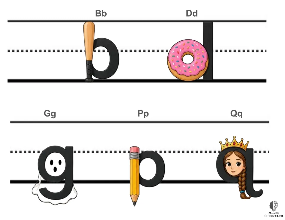 Bb, Dd, Gg, Pp and Qq picture cues set on handwriting guides, showing where each letter sits on the baseline