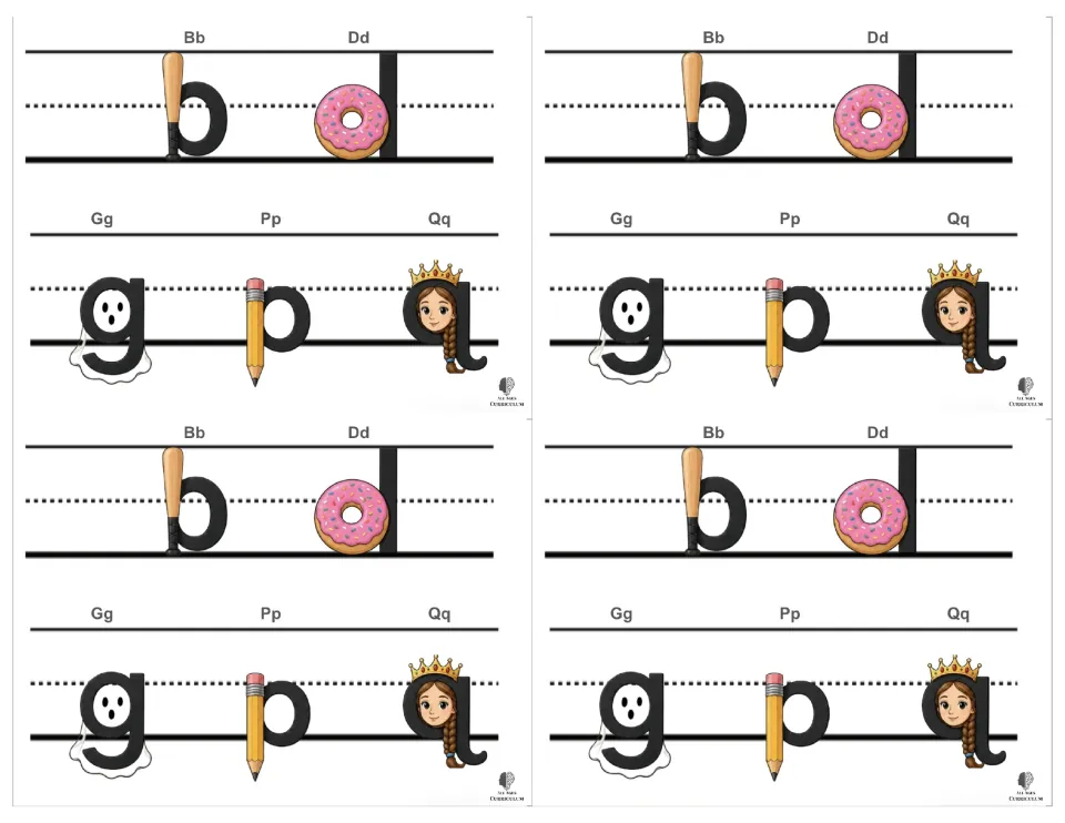Four smaller copies per sheet of the b, d, g, p and q picture cues on handwriting guides