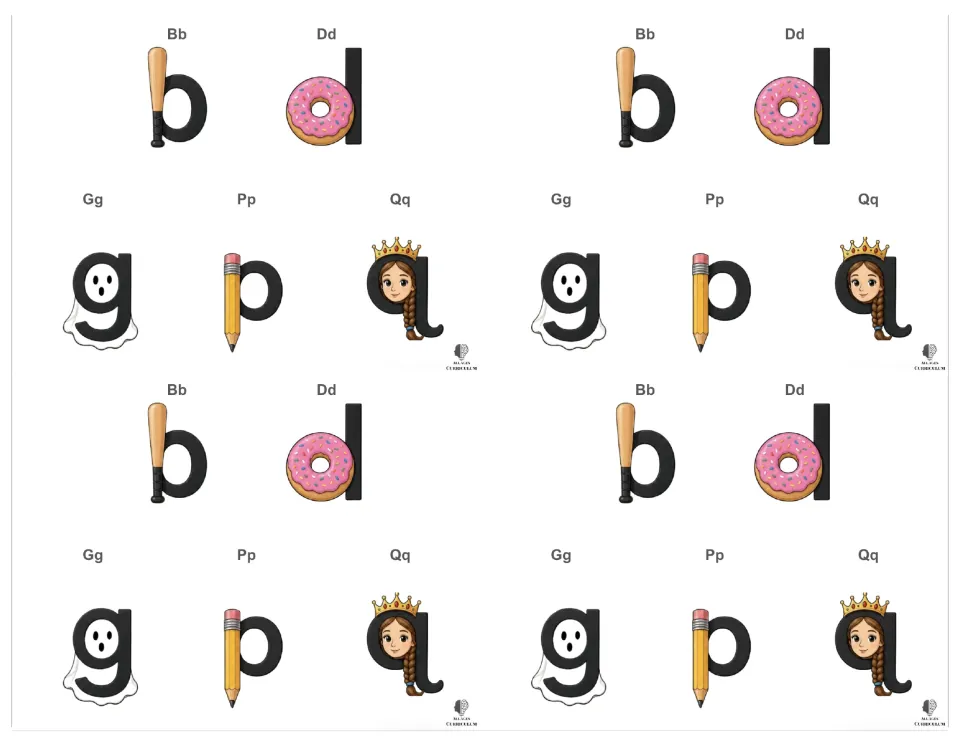 Four small copies per sheet of the bat, donut, ghost, pencil and queen letter cues shown without handwriting guides