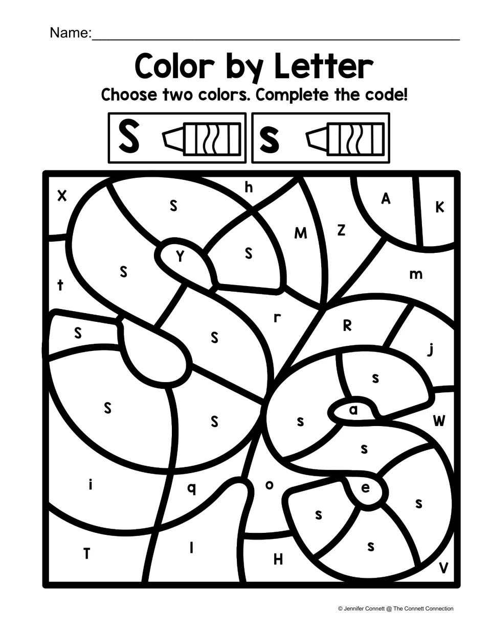 Letter recognition coloring sheet featuring large S and s shapes and a two-color code for uppercase S and lowercase s