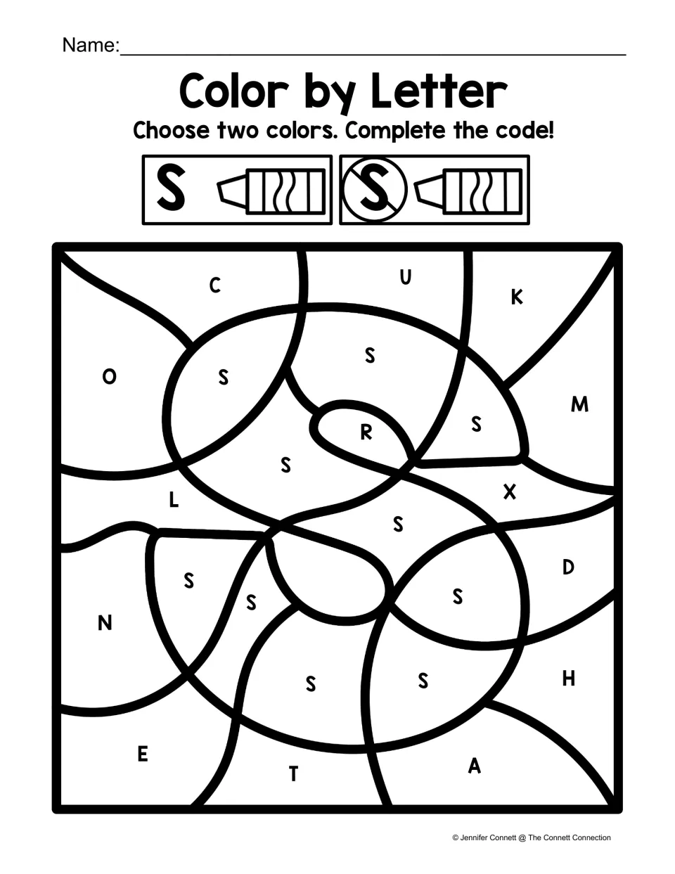 Uppercase S coloring sheet featuring a large S shape, with a two-color code for S and other uppercase letters