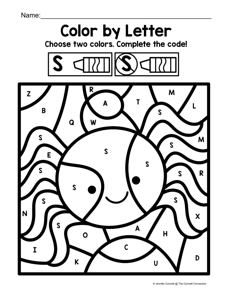 Uppercase S coloring sheet featuring a smiling sun, with a two-color code for S and other uppercase letters