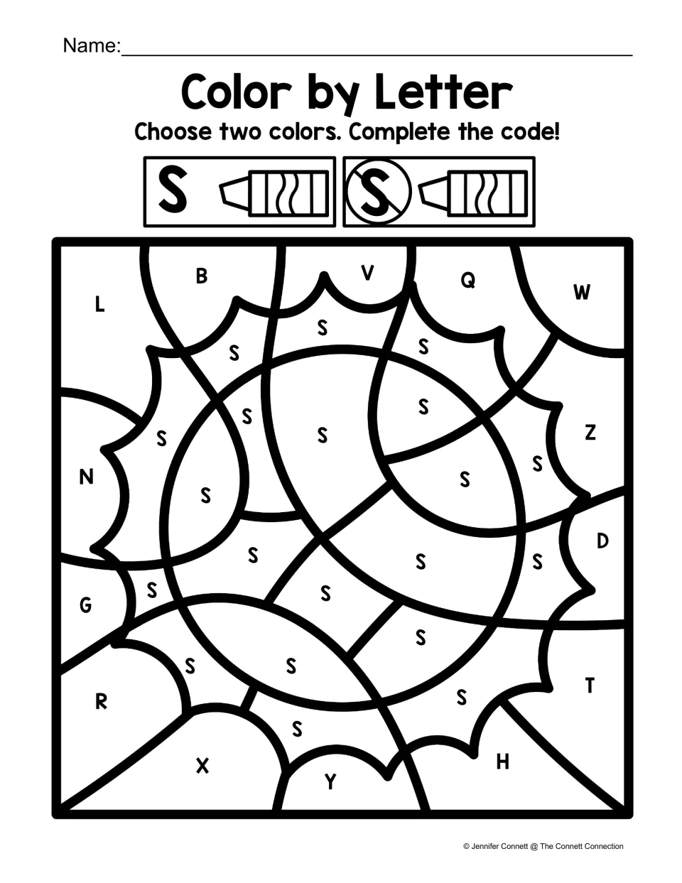 Uppercase S coloring sheet featuring a pointed-ray sun, with a two-color code for S and other uppercase letters