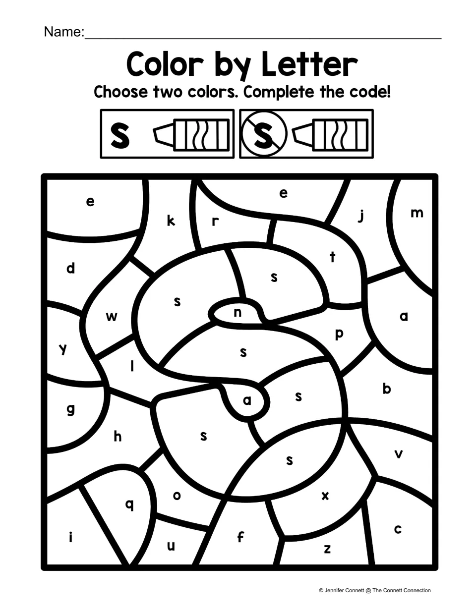 Lowercase s coloring sheet featuring a large s shape, with a two-color code for s and other lowercase letters