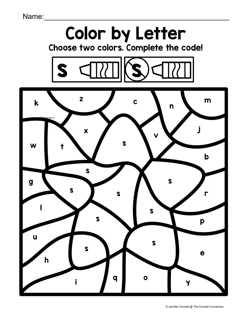 Lowercase s coloring sheet featuring a five-pointed star, with a two-color code for s and other lowercase letters