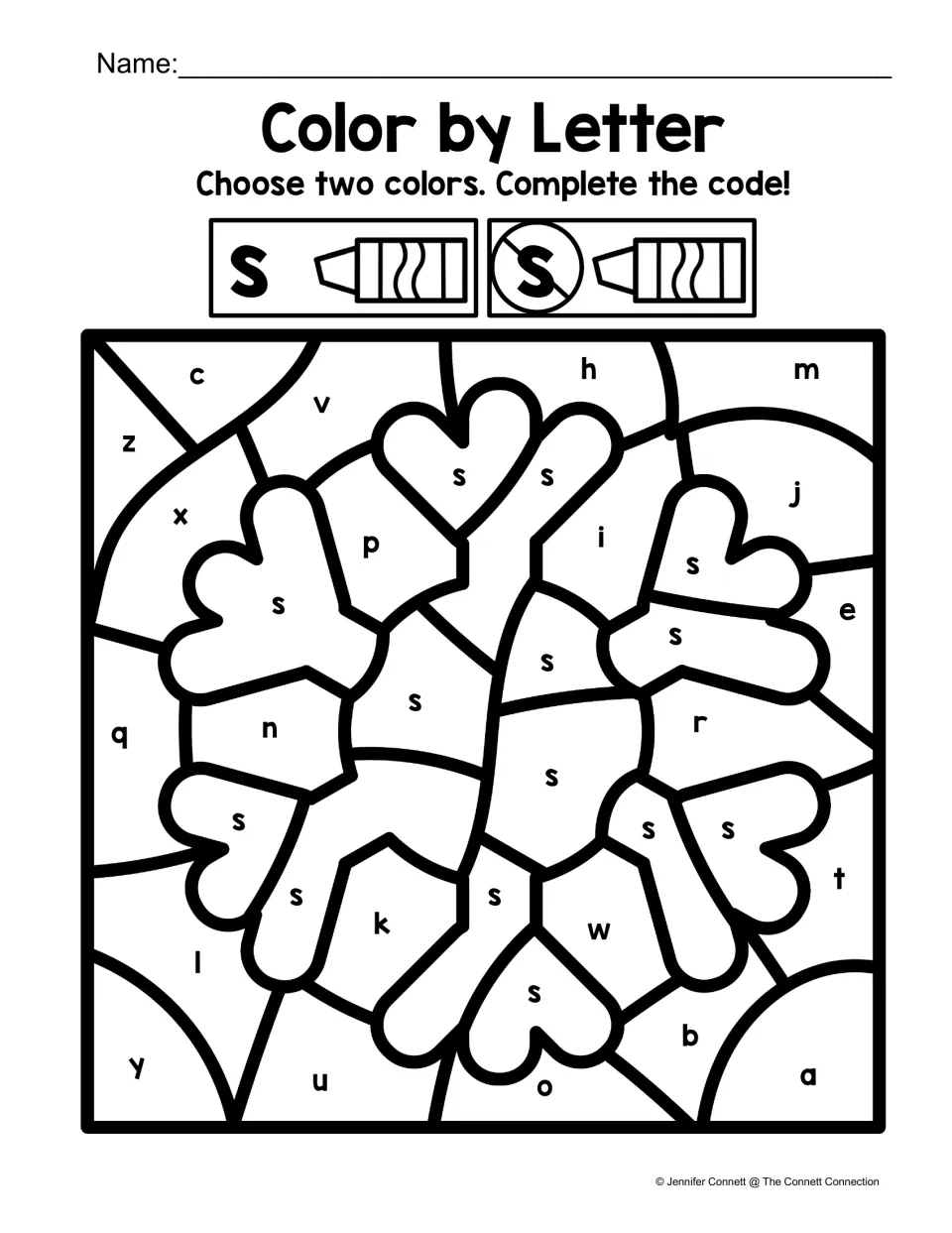 Lowercase s coloring sheet featuring a snowflake, with a two-color code for s and other lowercase letters