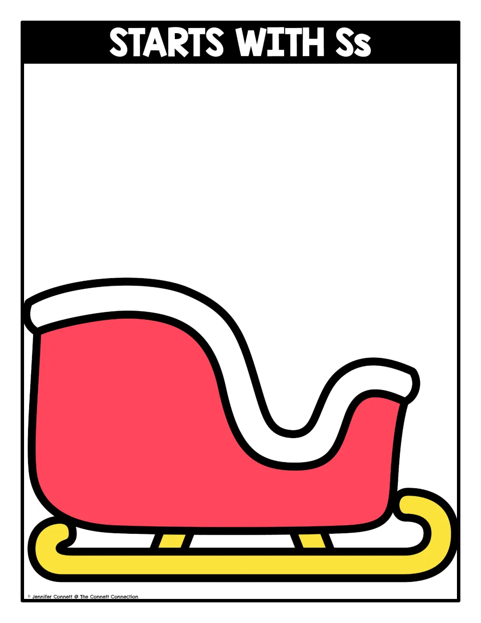 Letter S sort mat headed Starts With Ss: students place picture cards that begin with /s/ on the red sleigh