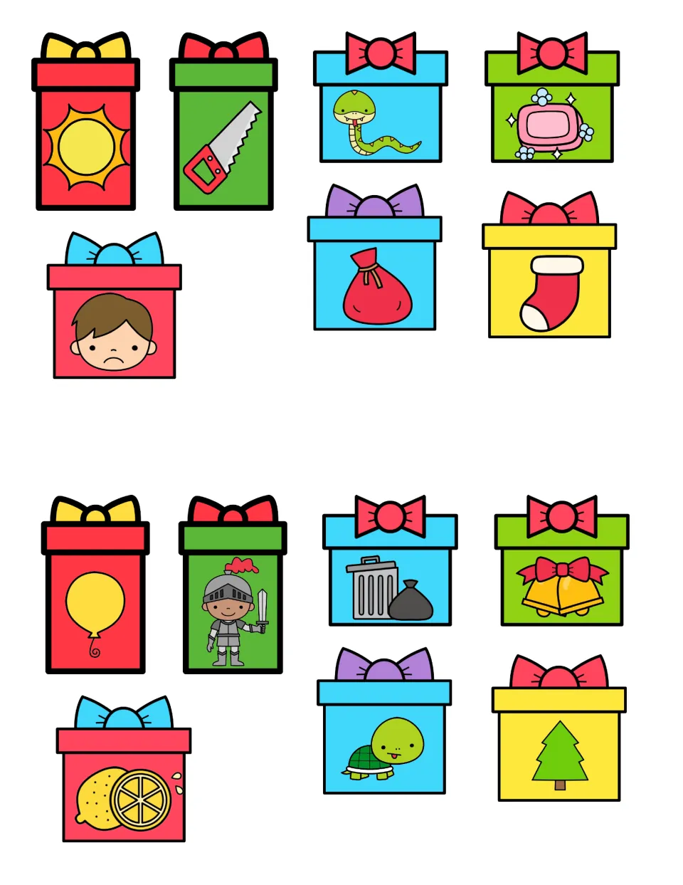 Present picture cards to cut out: sun, saw, snake, soap, sock and sack mixed with balloon, knight, lemon, turtle and tree
