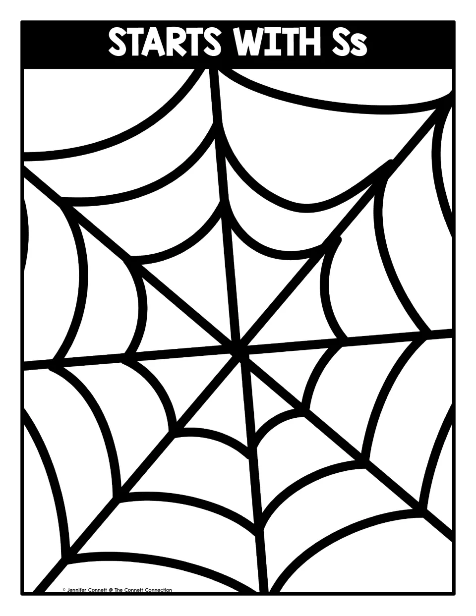 Letter S sort mat headed Starts With Ss: students place spider picture cards on the web for words that begin with /s/