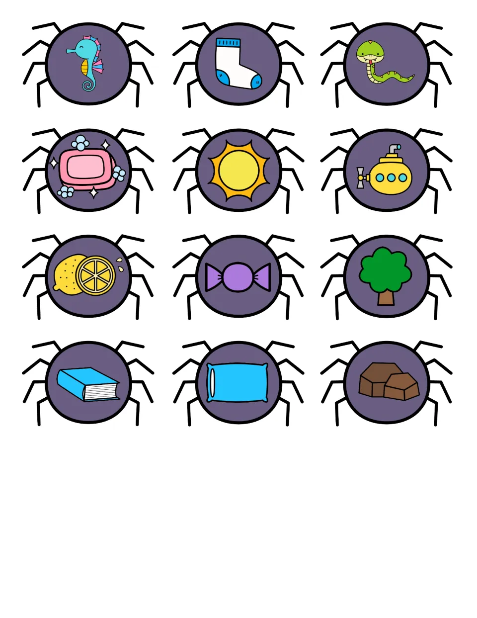 12 spider cards to cut out and sort, including seahorse, sock, snake, sun and submarine plus lemon, tree and book