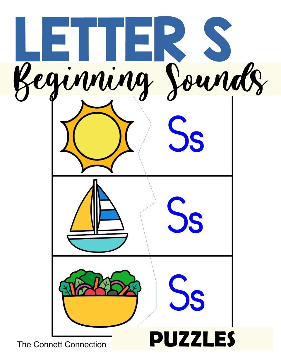 Letter S beginning sounds puzzles cover: two-piece puzzles matching a sun, sailboat and salad picture to the letters Ss