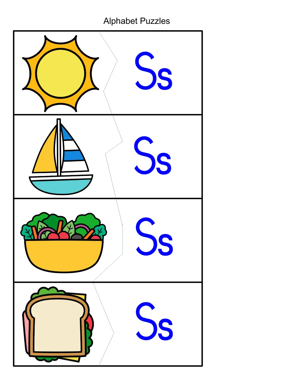 Alphabet puzzles for initial S: students cut apart and match sun, sailboat, salad and sandwich pictures to Ss halves