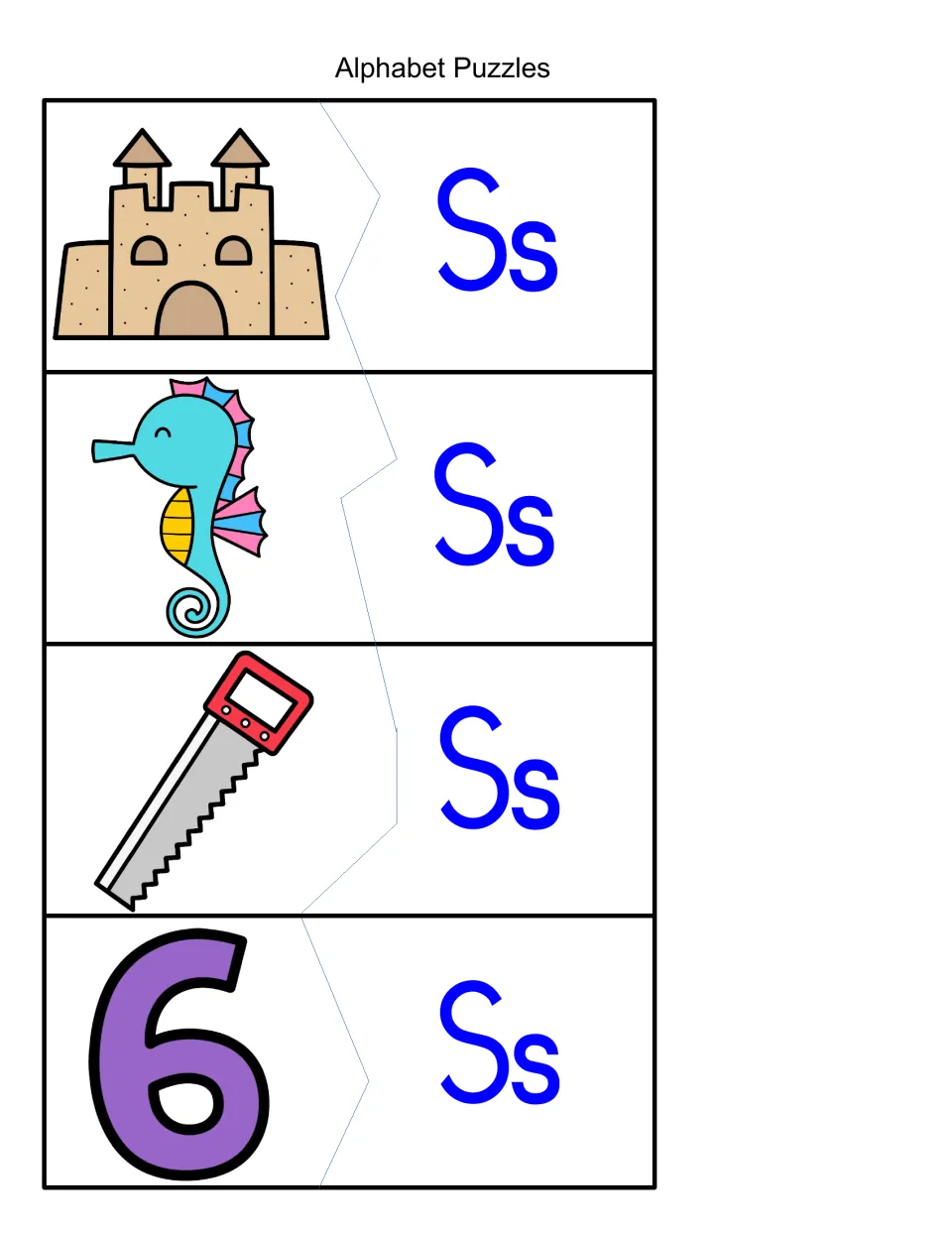 Initial S sound matching: sandcastle, seahorse, saw and number six pictures each join a puzzle half showing Ss