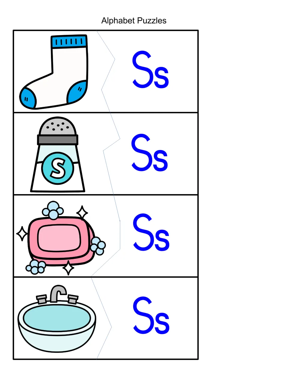 Beginning sound S puzzles: students match sock, salt shaker, soap and sink pictures to their Ss letter halves