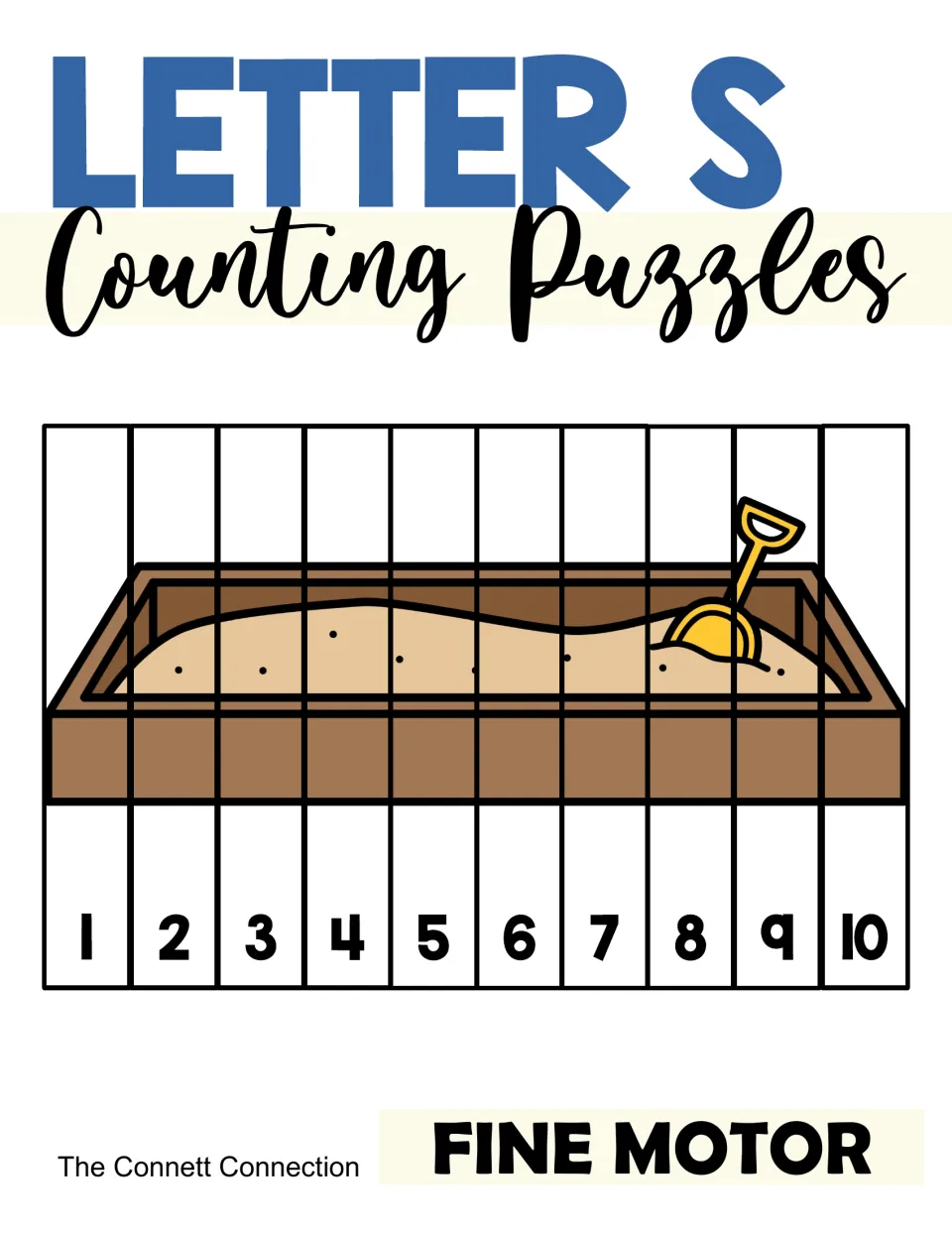 Letter S Counting Puzzles cover: a sandbox picture cut into 10 strips numbered 1 to 10, labeled Fine Motor