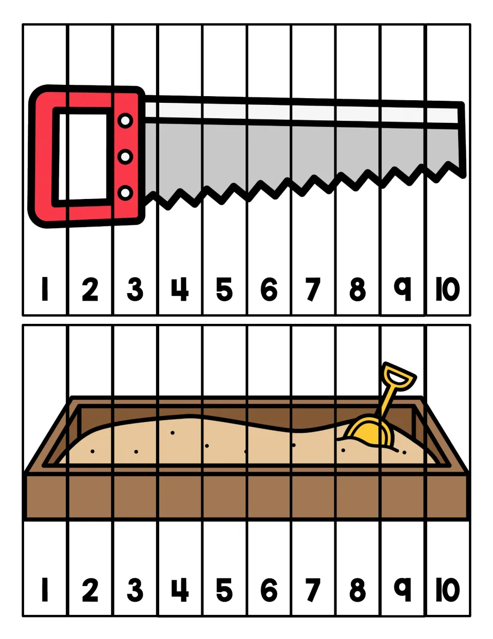 Number order puzzles: students cut apart a saw and a sandbox picture, then order strips 1 to 10 to rebuild each image