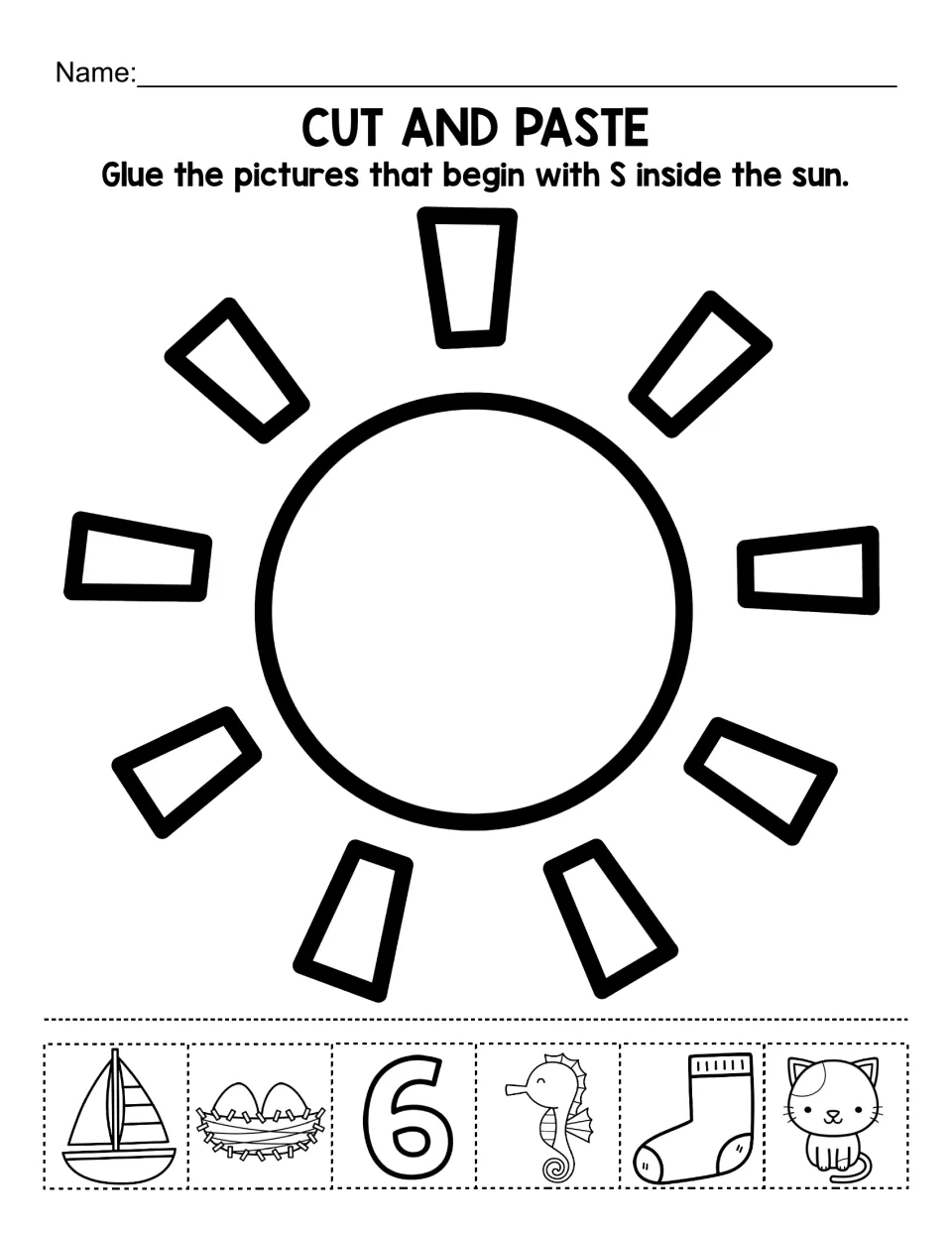 Beginning sound S: students cut out six pictures, such as sailboat, seahorse and sock, and glue the S pictures inside a sun