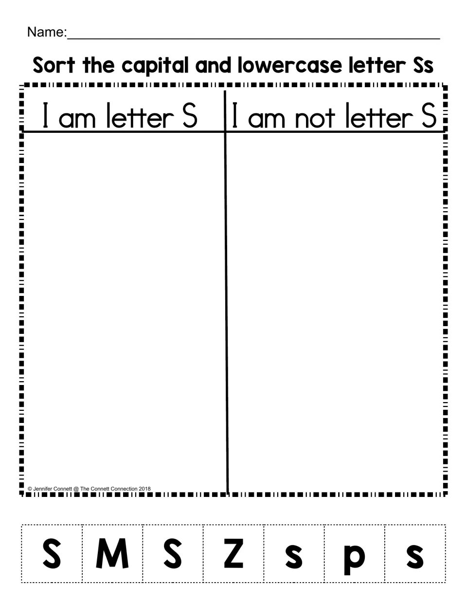 Letter S recognition sort: students cut out S, M, s, Z and p letter tiles and sort them into I am / I am not letter S