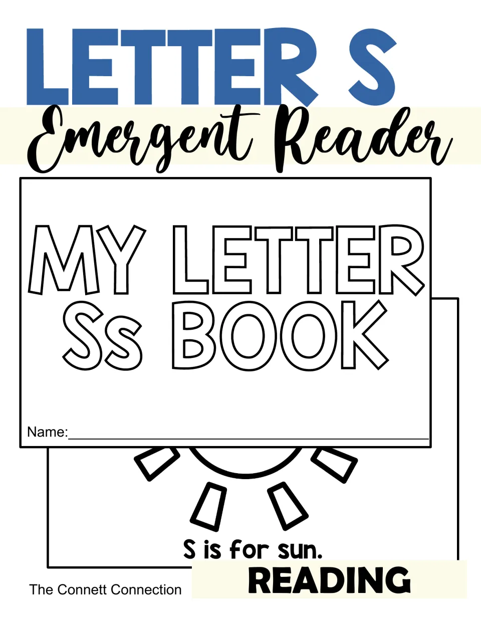 Letter S emergent reader cover showing the My Letter Ss Book front page with a name line and a sun page, S is for sun