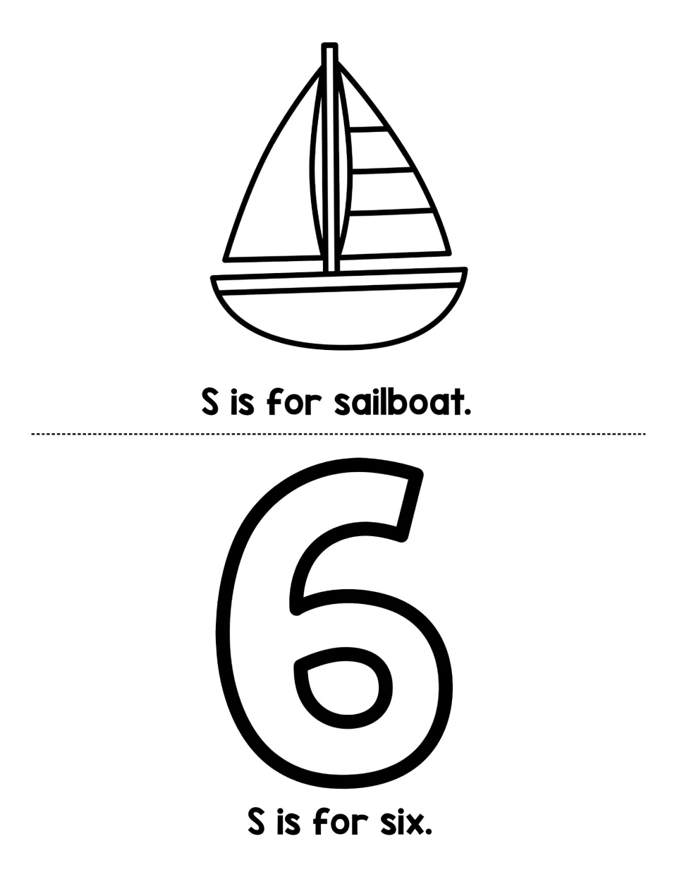 Letter S book pages: students read S is for sailboat and S is for six, then color the sailboat and the outlined number 6