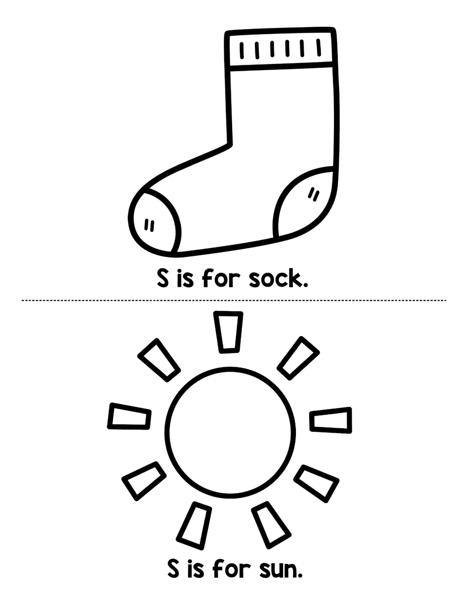 Final letter S pages: students read S is for sock and S is for sun, then color a sock and a sun with rays to end the book