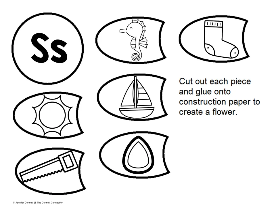 Letter S flower pieces: Ss center plus petals with a seahorse, sock, sailboat, sun and saw for students to cut and glue