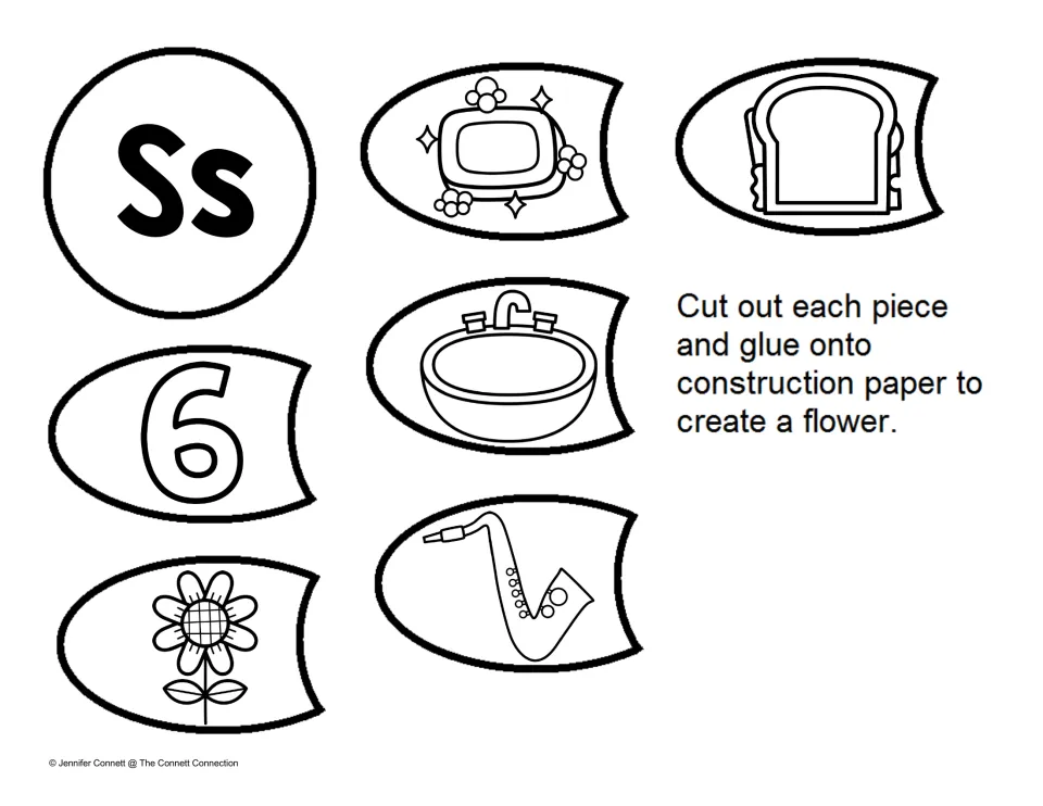 S sound petals showing soap, sandwich, sink, number 6, sunflower and saxophone around an Ss center to cut out and glue
