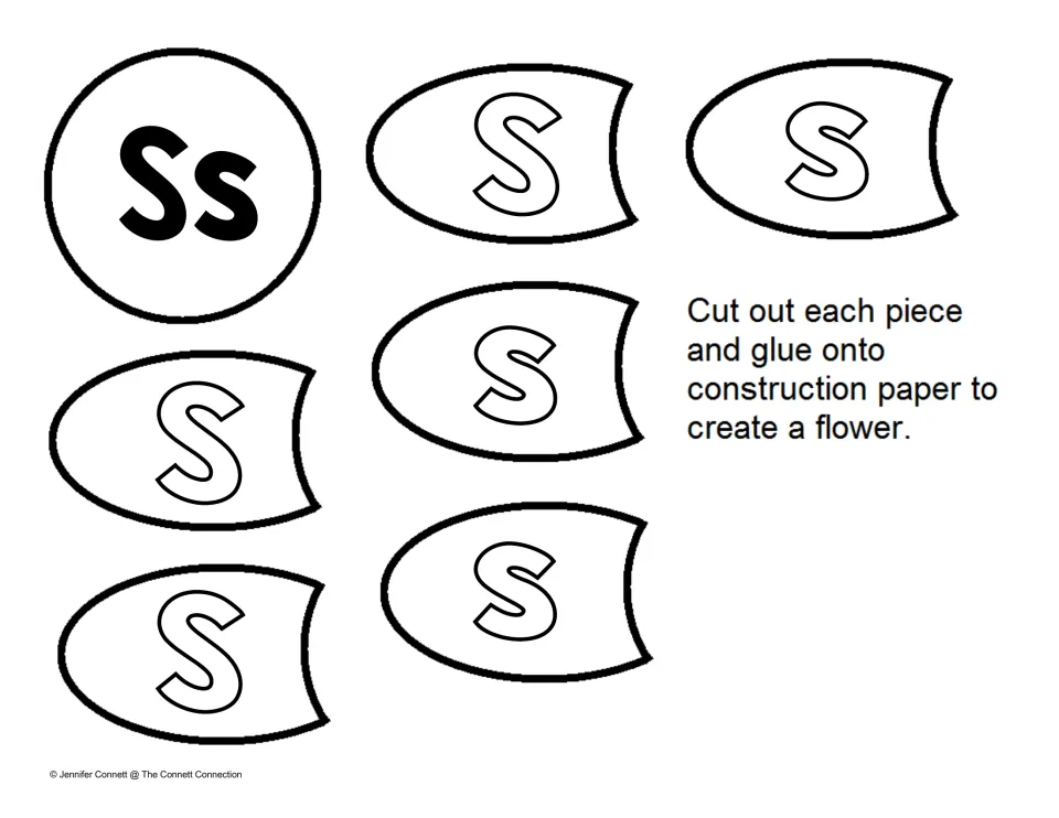 Letter recognition version: an Ss flower center and six petals each showing an outlined letter s to cut out and glue