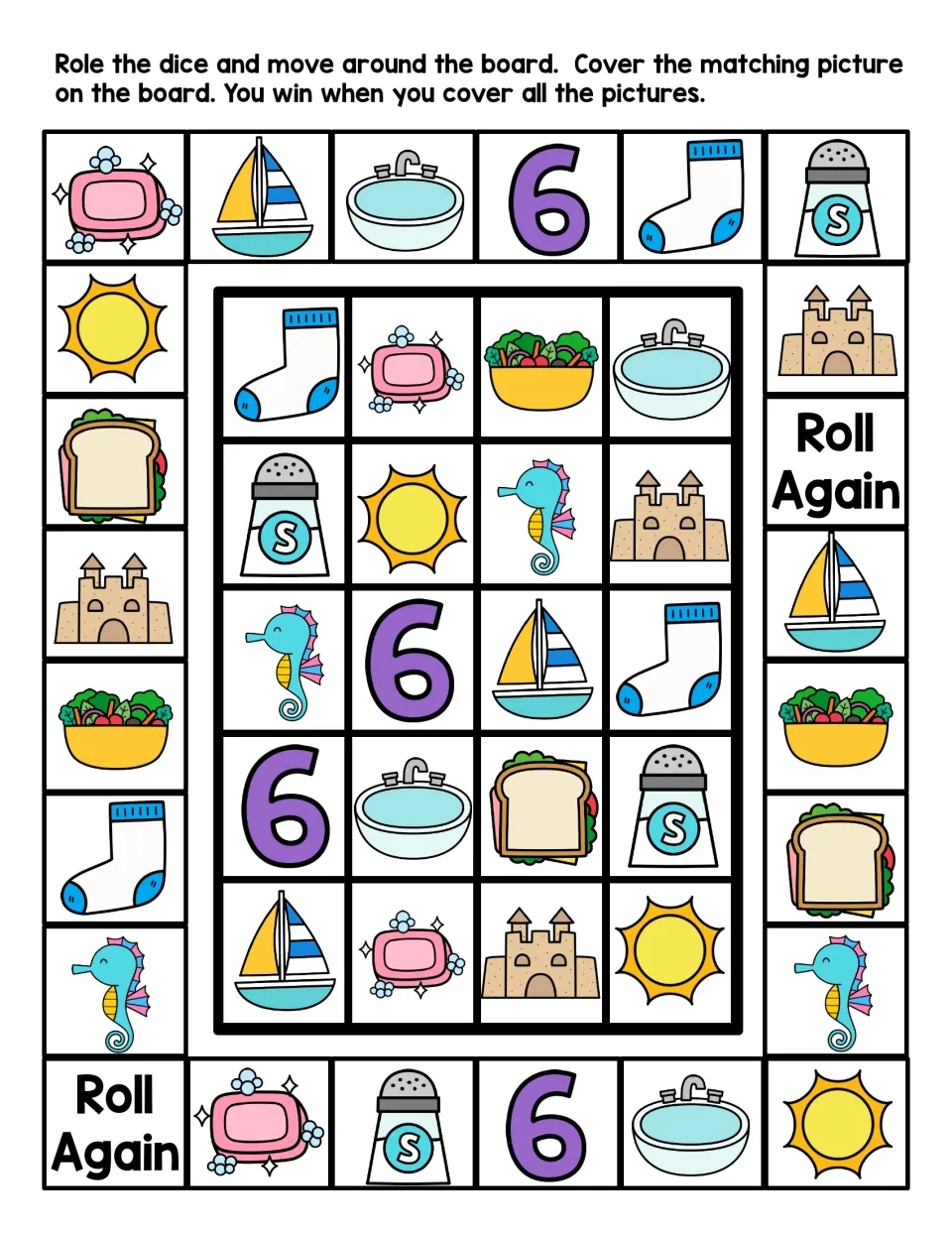 Letter S picture game in color: roll a die, move around the board and cover the matching sun, sock, seahorse or soap