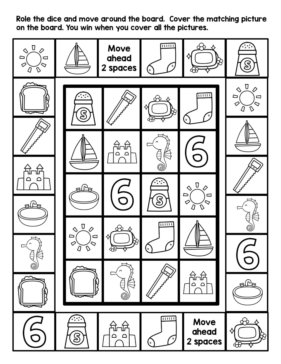 Black-and-white S picture board: students roll, move and cover matching saw, salt, sink, sock and six pictures to win