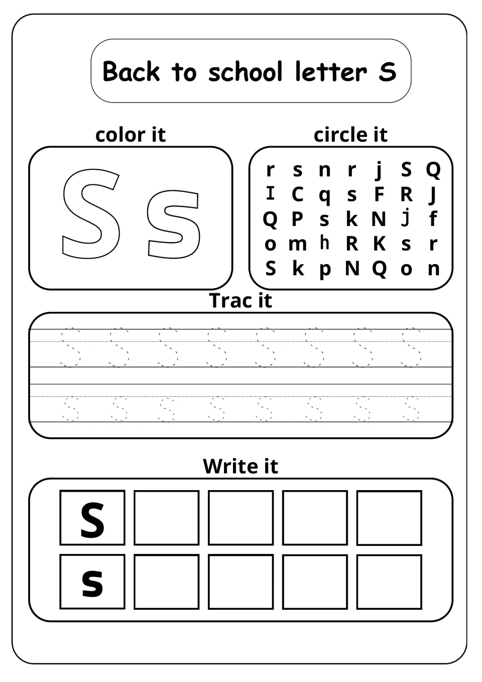 Back to school letter S: students color big S and s, circle S in a letter grid, trace dotted rows and copy S and s