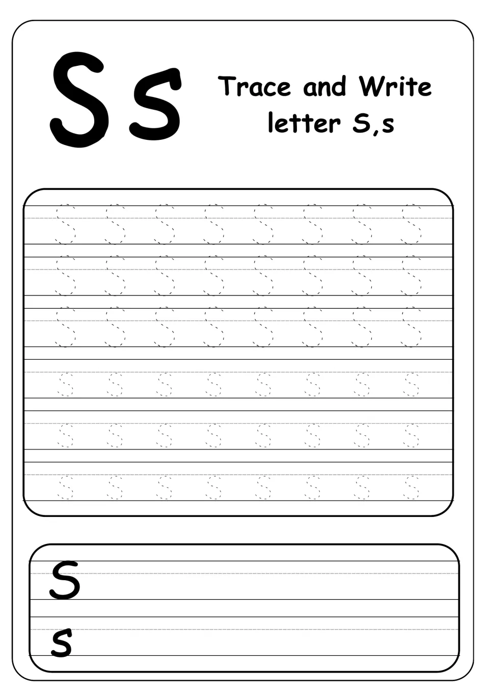 Trace and write letter S,s: students trace three rows of dotted capital S and three of lowercase s, then write their own