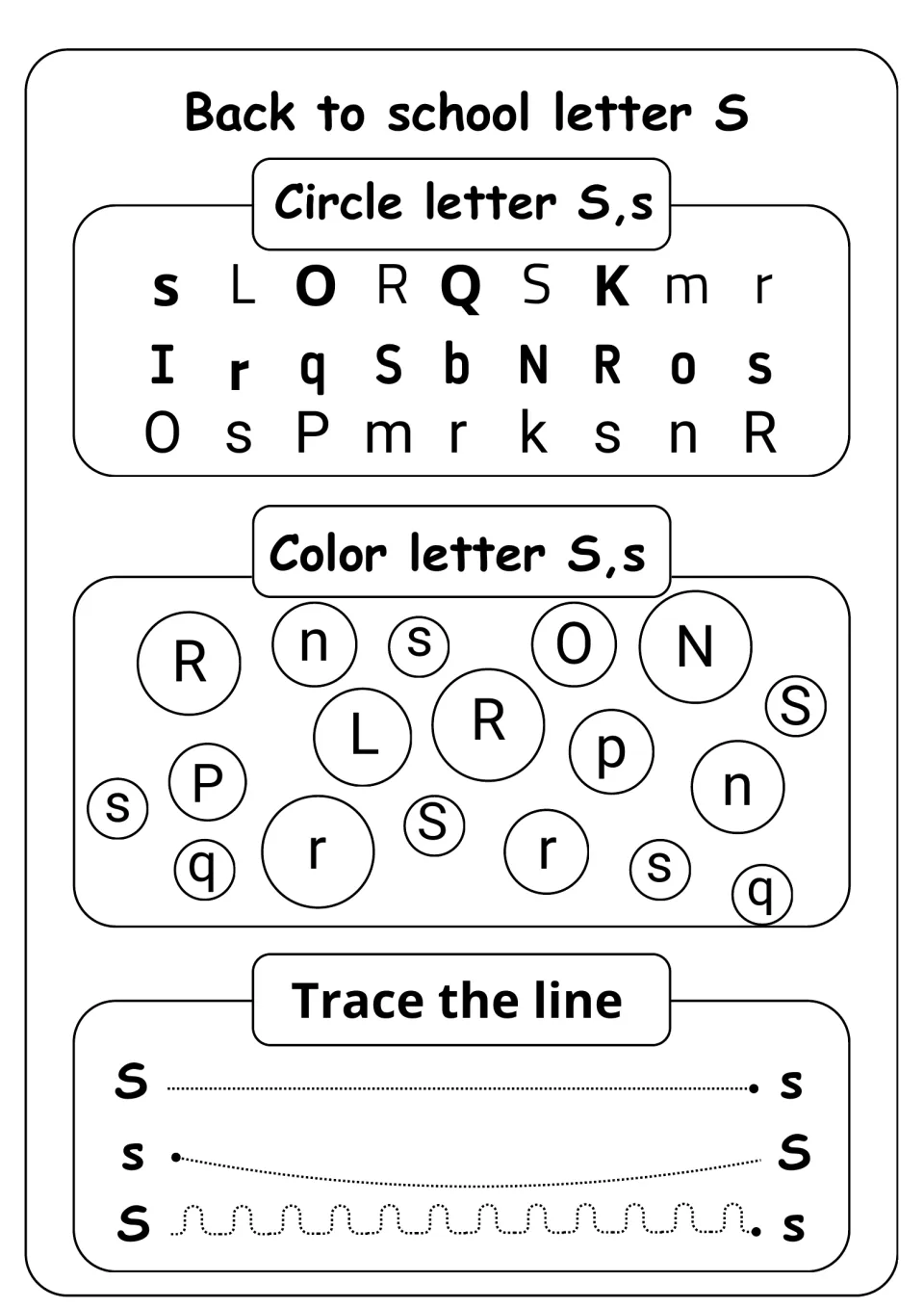 Letter S recognition: students circle S and s among mixed letters, color the S bubbles and trace lines from S to s