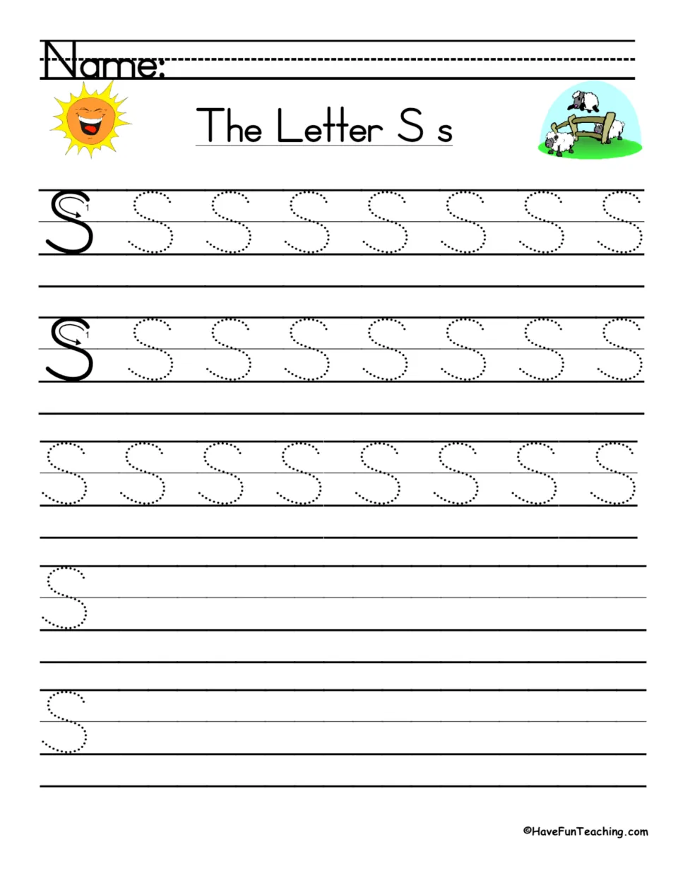 Uppercase S handwriting: students follow stroke arrows, trace rows of dotted capital S letters, then write S on their own
