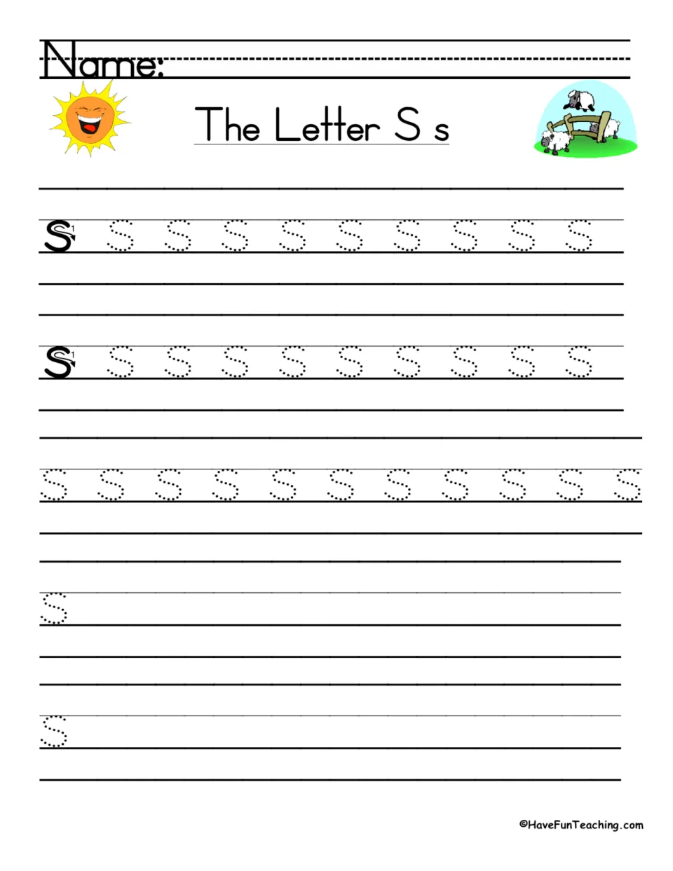 Lowercase s handwriting: students trace dotted small s letters after a stroke-order model, then write s independently