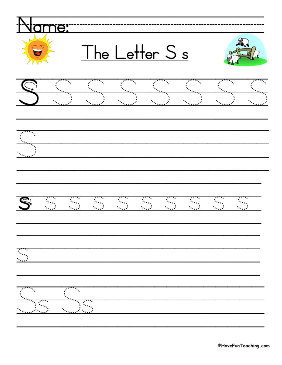 Mixed S and s practice: students trace capital and small s rows, write each alone, then trace the Ss letter pairs