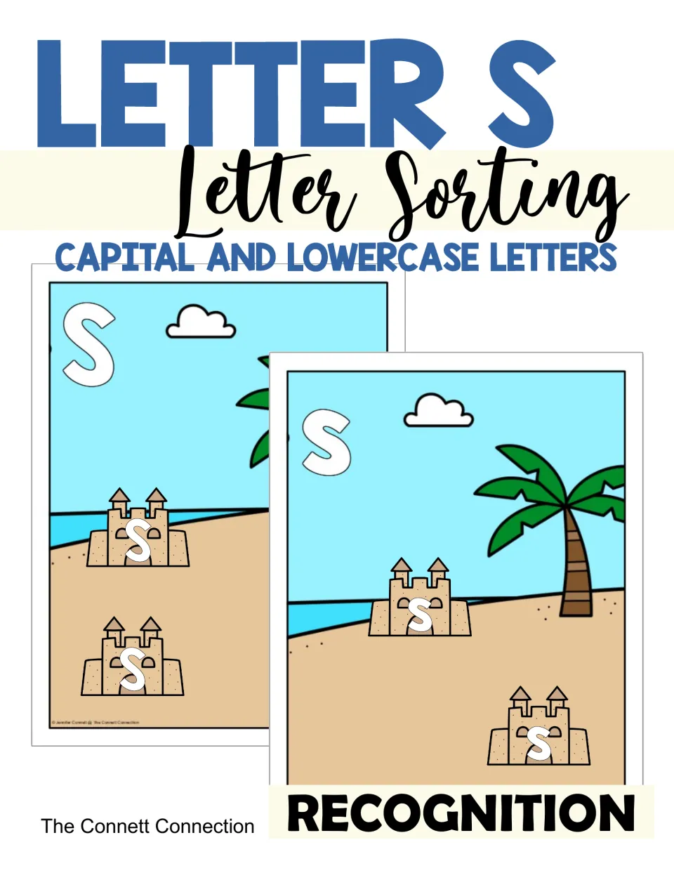 Cover for capital and lowercase S recognition: beach sorting mats with sandcastle letter cards placed on each scene