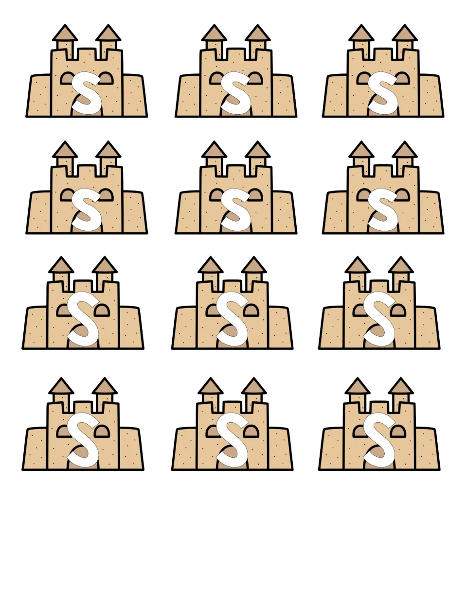 Sandcastle letter cards: 12 cut-out cards, six showing lowercase s and six showing capital S, for students to sort