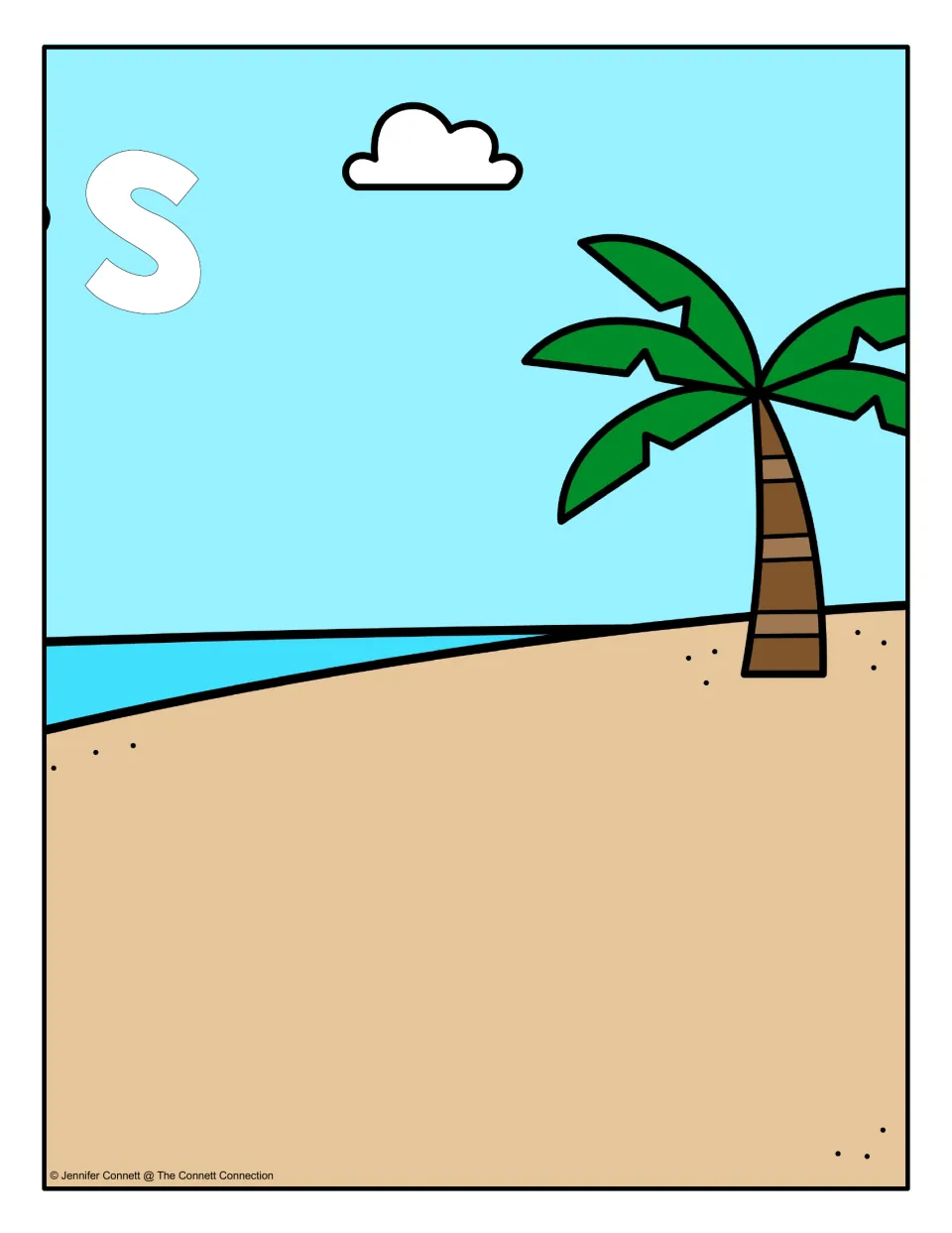Lowercase s sorting mat: a beach scene marked with a small s where students place each sandcastle card showing lowercase s