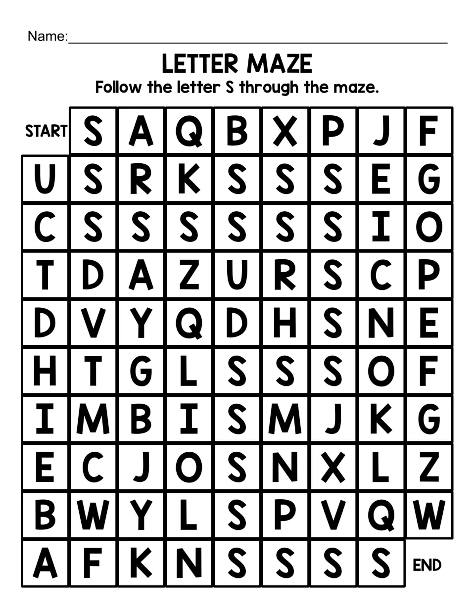 Uppercase S letter maze: students follow capital S from START to END past mixed letters to practise letter recognition