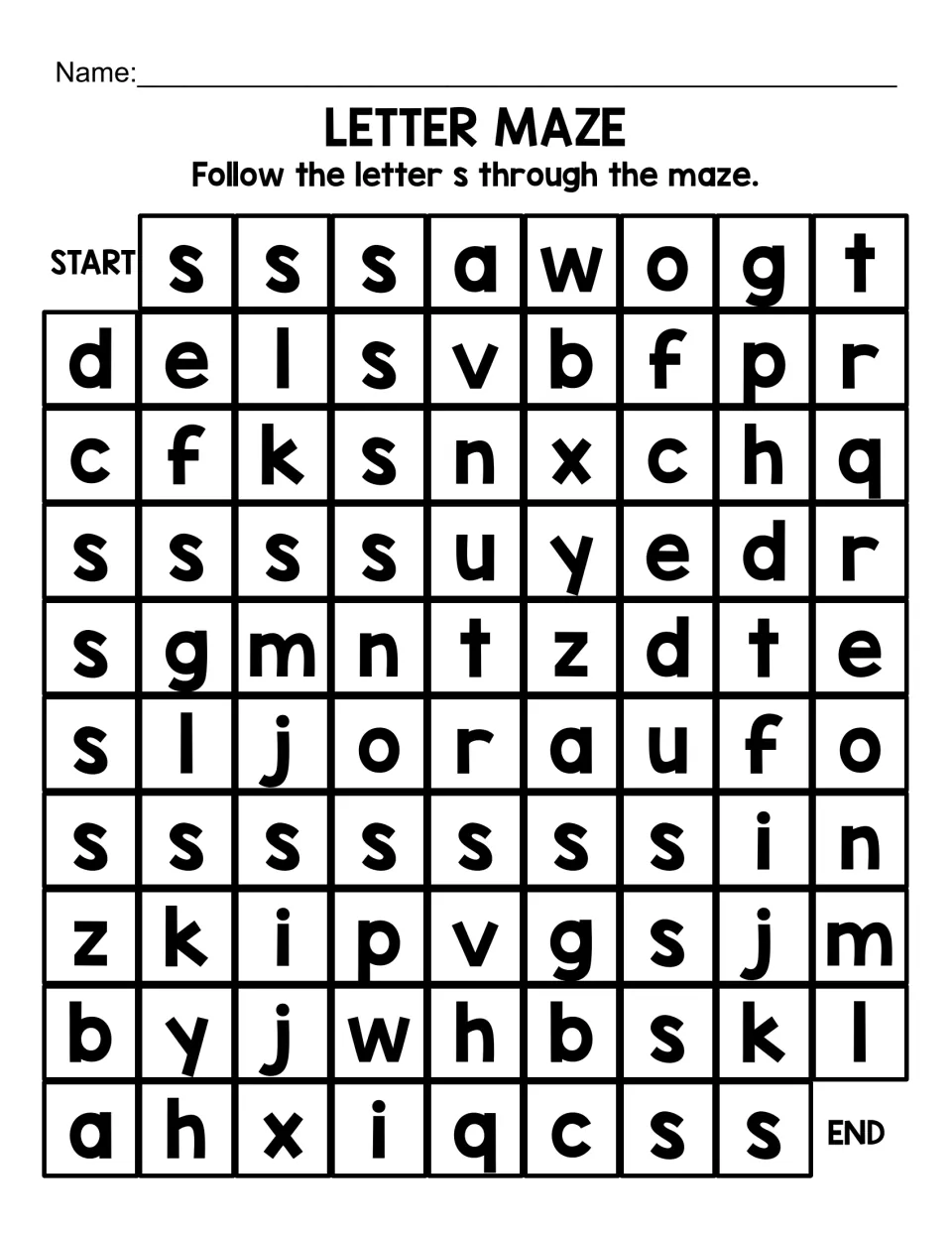 Lowercase s letter maze: students track a path of small s from START to END among other lowercase letters to recognise s