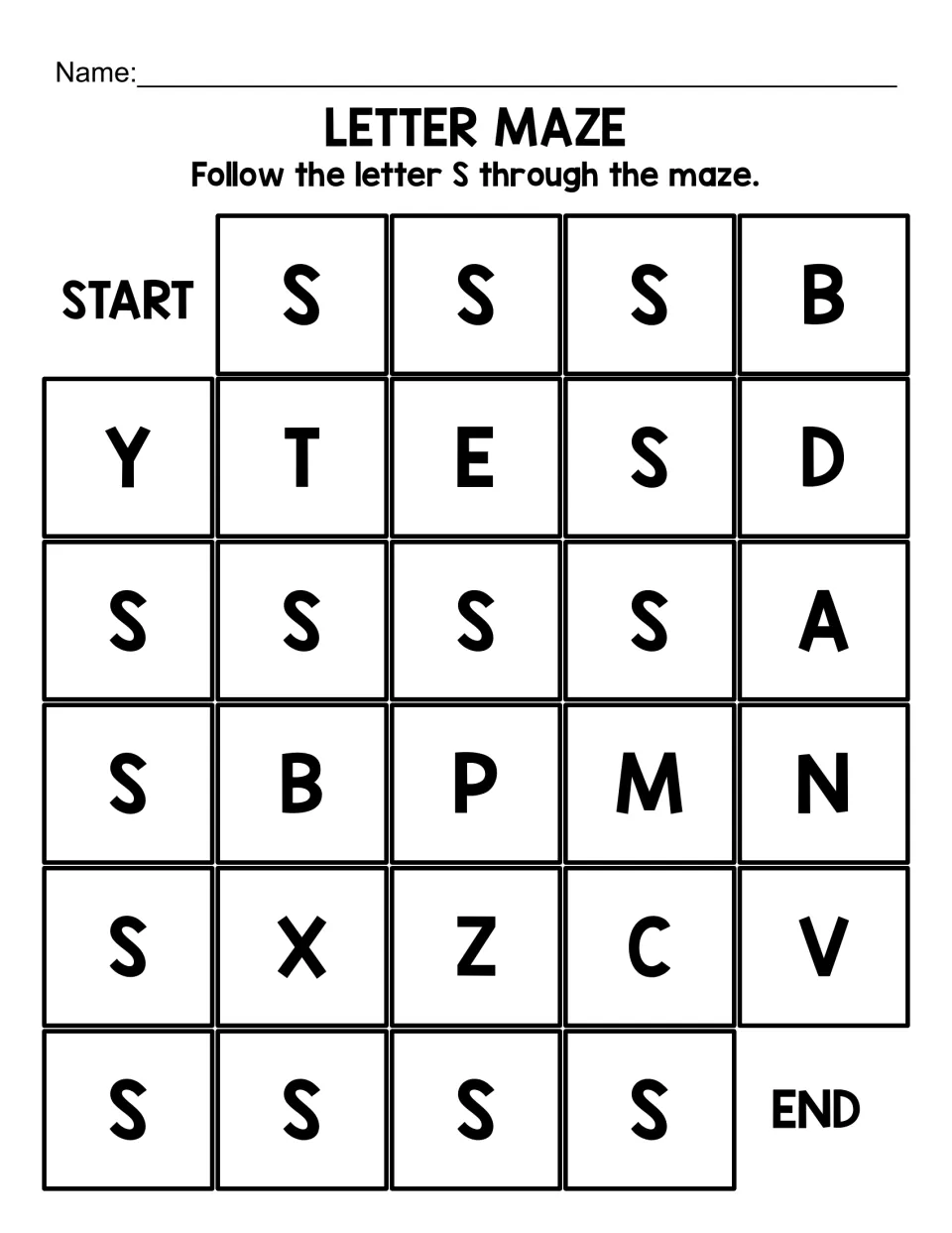 Short capital S maze: students follow S through a few large letters from START to END, an easier path for early recognition