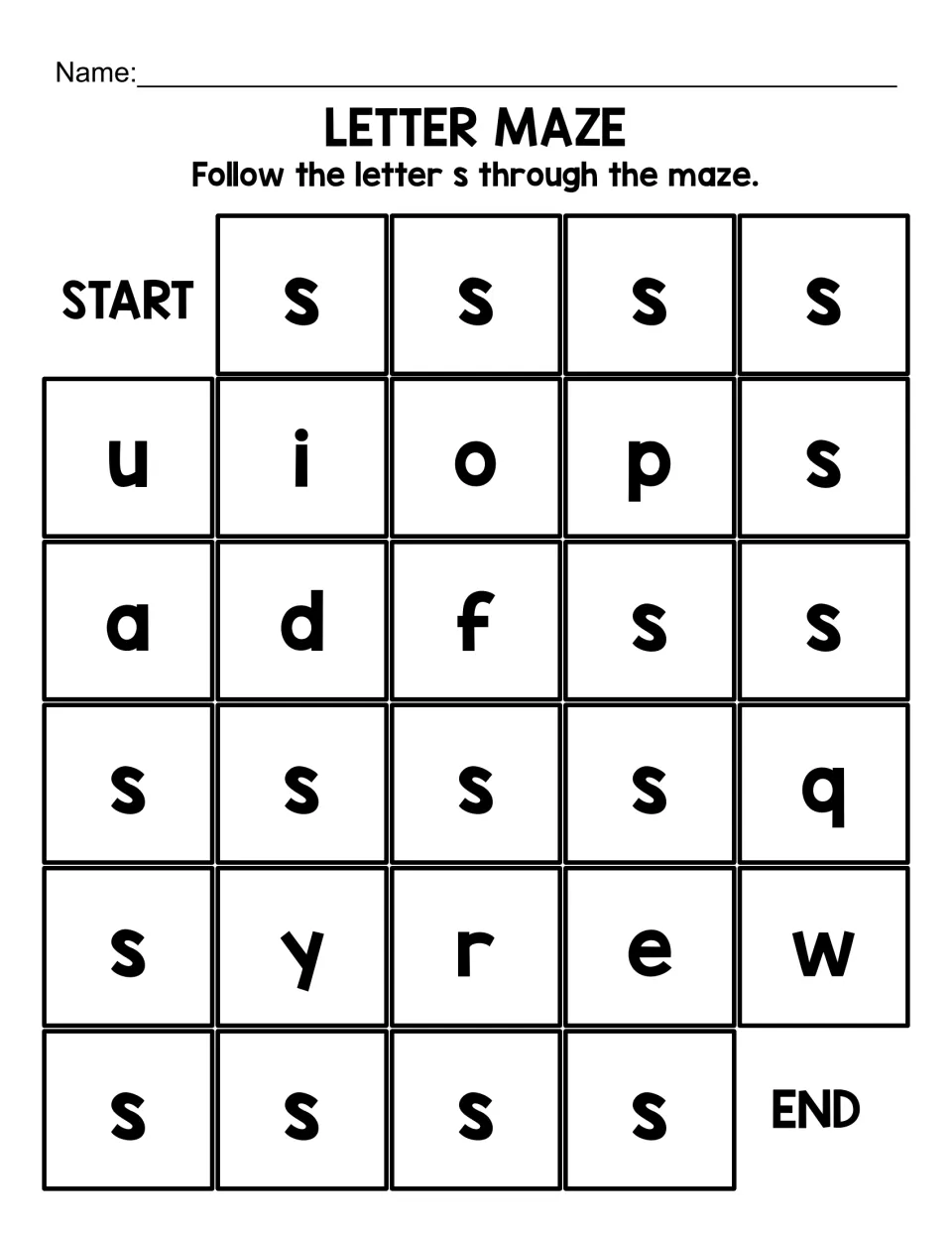 Short lowercase s maze: students follow small s through large letters from START to END, an easier path for spotting s