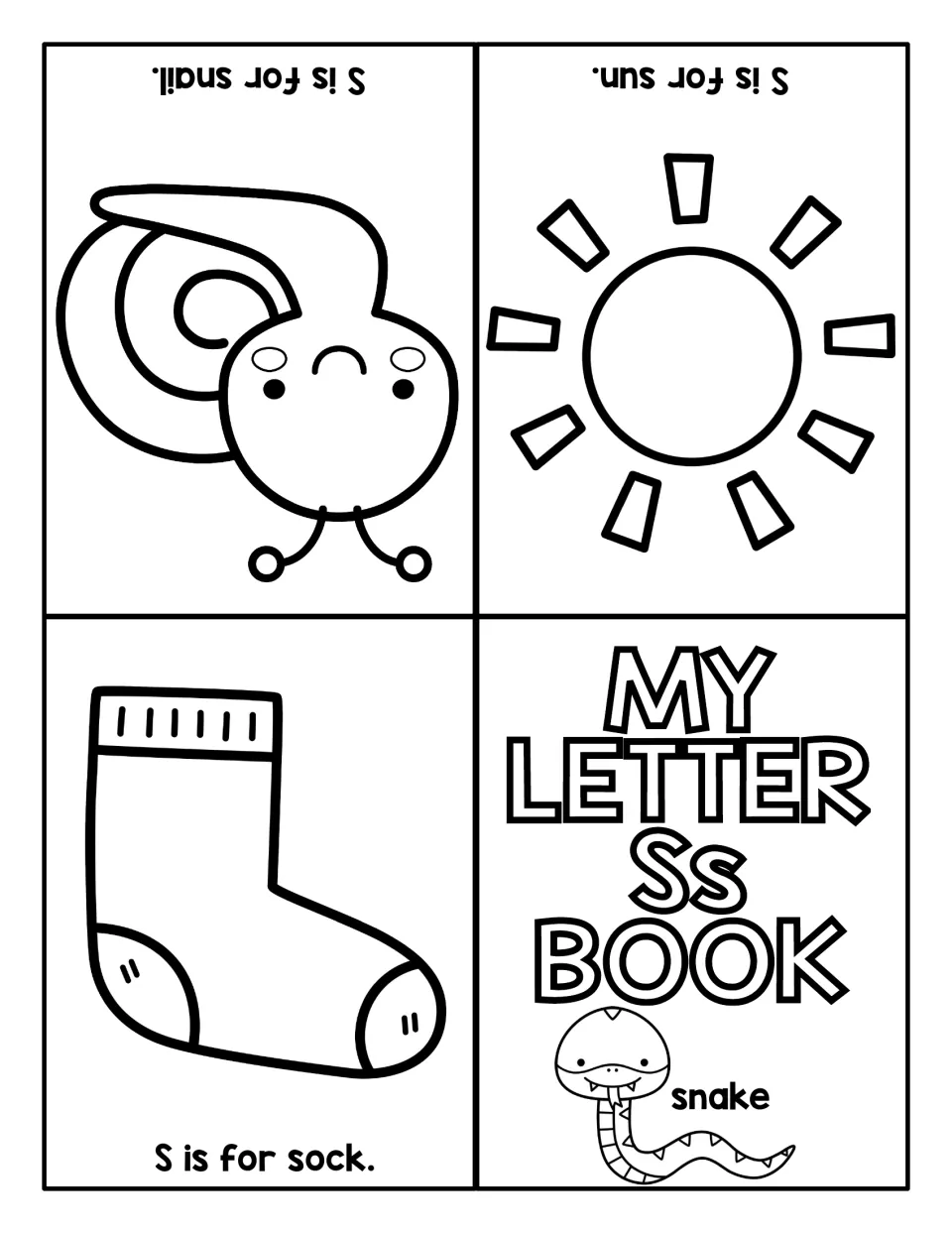Letter Ss mini book to color: S is for snail, sun and sock, plus a My Letter Ss Book cover with a snake