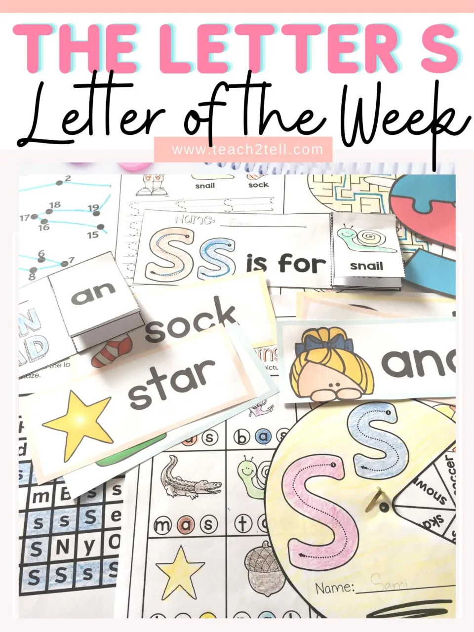 The Letter S Letter of the Week cover: photo of colored S tracing pages, star and sock word cards, a maze and a spin wheel