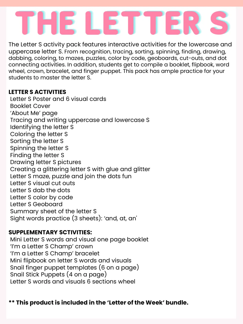 Letter S pack contents list: poster, tracing, sorting, maze, color by code, geoboard, sight words, crown and snail puppets
