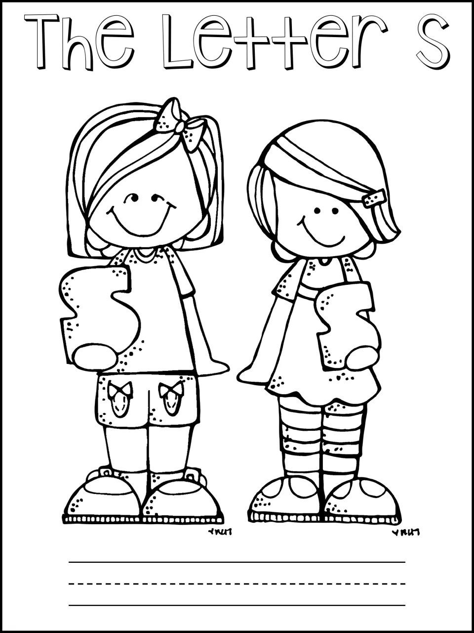 Letter S booklet cover to color: two children each holding a letter S, with a writing line for the student's name