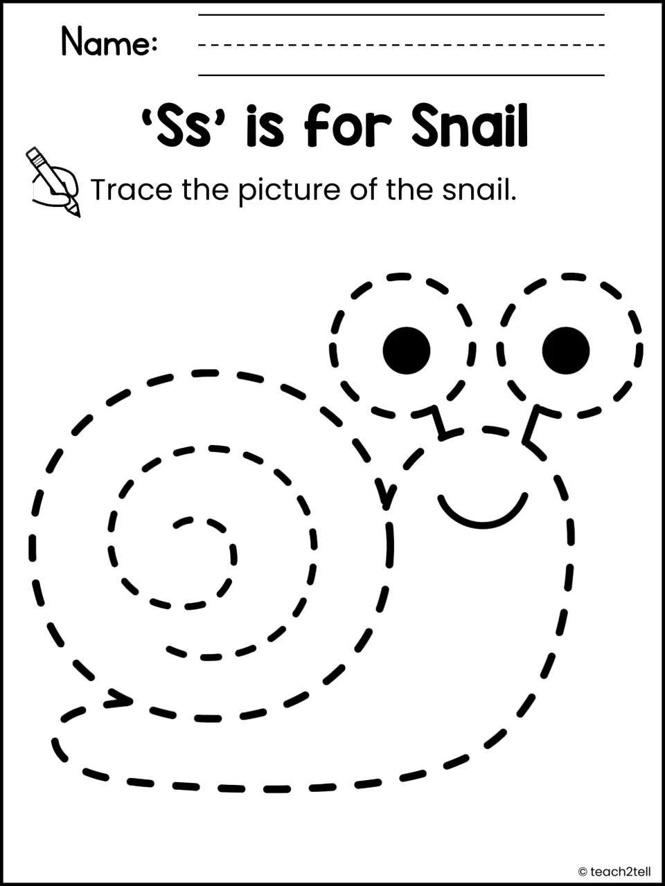 'Ss' is for Snail: students trace the dashed outline of a smiling snail with a spiral shell