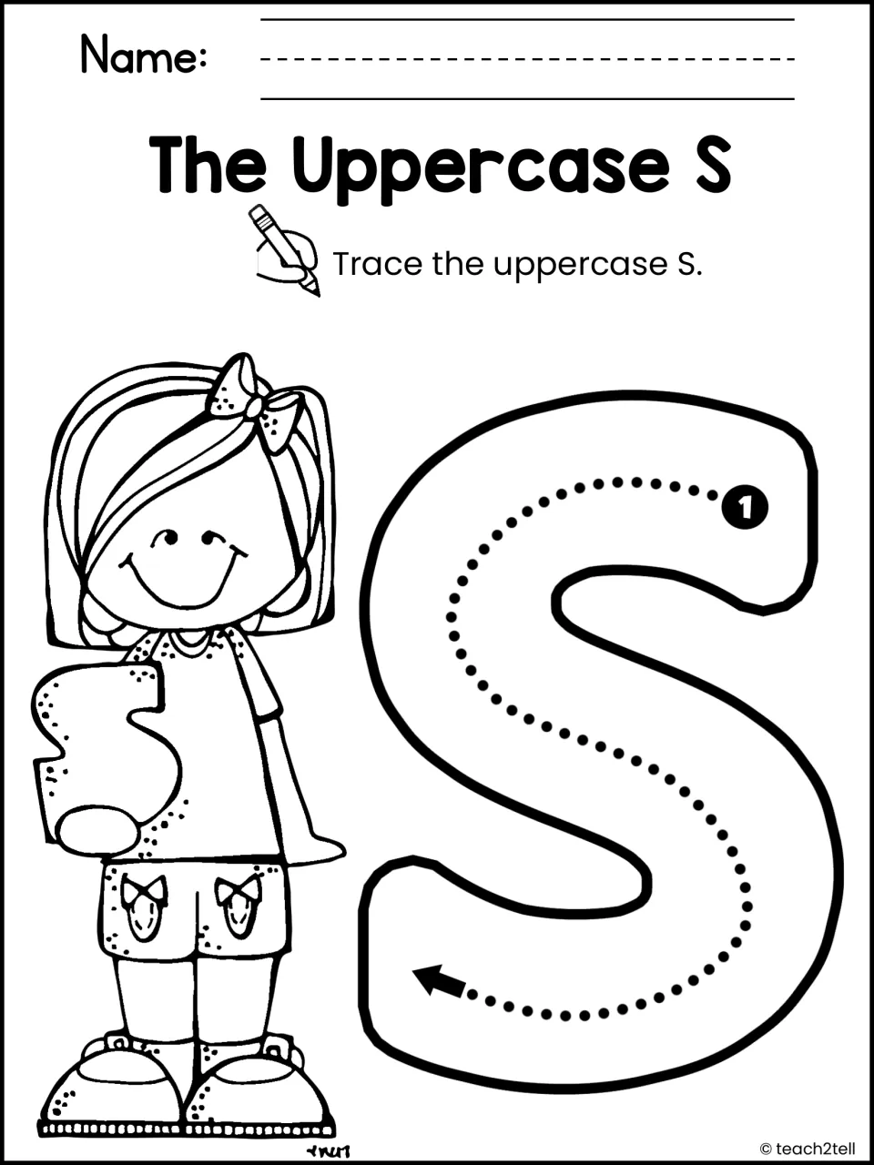 The Uppercase S: students trace a large capital S along a dotted path from the numbered start point, following the arrow