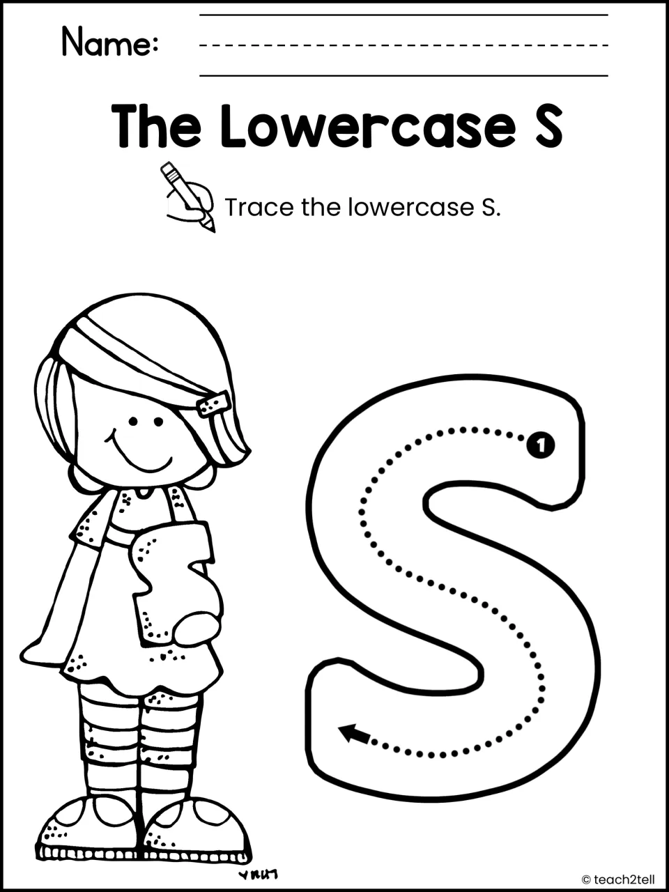 The Lowercase S: students trace a large small-letter s along a dotted path from start point 1 in the arrow's direction